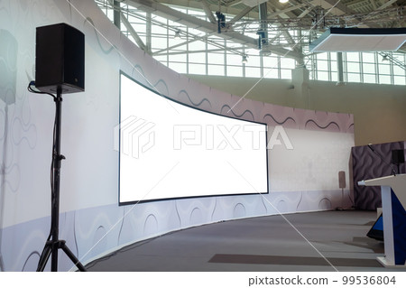 Multimedia empty white large wall display at exhibition, museum - mockup image Multimedia empty white large wall display at exhibition, museum - mockup image 99536804