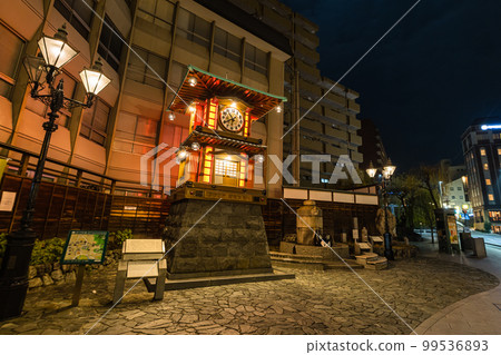 Botchan Karakuri Clock illuminated in front of Dogo Onsen Station in Matsuyama City, Ehime Prefecture, Japan 99536893