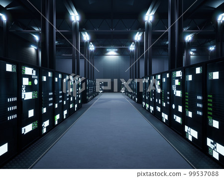 Data center space with multiple rows of server racks, digital supercomputer technology. Modern high tech networking communications database, cabinets filled with system storage. 99537088