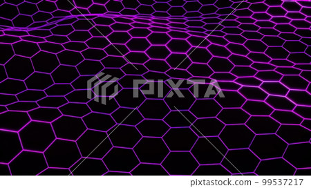 Wavy geometric background, floating neon grid of hexagons, futuristic abstract surface in purple color. Smooth 3d digital art. 99537217