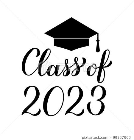 Class of 2023 lettering with graduation cap isolated on white. Congratulations to graduates typography poster. Vector template for greeting card, banner, sticker, label, t-shirt, etc Class of 2023 lettering with graduation cap isolated on white. Congratulations to graduates typography poster. Vector template for greeting card, banner, sticker, label, t-shirt, etc 99537903