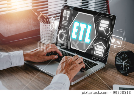 ETL extract transform load concept, Person using laptop with extract transform load icon on virtual screen. ETL extract transform load concept, Person using laptop with extract transform load icon on virtual screen. 99538518
