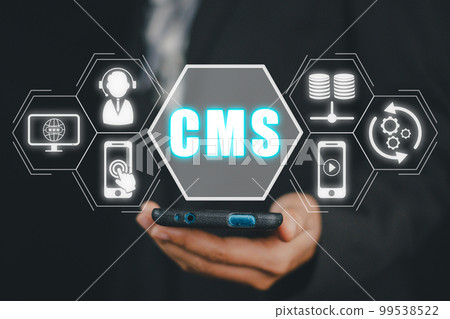 CMS, Content management system concept, Person hand using smart phone with Content management system icon on virtual screen background, business web computer website administration. CMS, Content management system concept, Person hand using smart phone with Content management system icon on virtual screen background, business web computer website administration. 99538522
