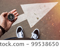 Traveler holding compass in the hand making choice in what direction to go 99538650