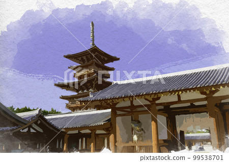 Watercolor-style Yakushi-ji Temple West Pagoda, Nara City, Nara Prefecture 99538701