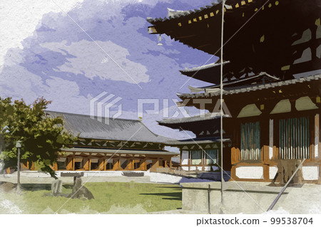 Watercolor-style Yakushi-ji Temple Auditorium, Nara City, Nara Prefecture Watercolor-style Yakushi-ji Temple Auditorium, Nara City, Nara Prefecture 99538704