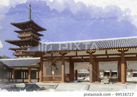 水彩風格的藥師寺中門，奈良縣奈良市 99538727