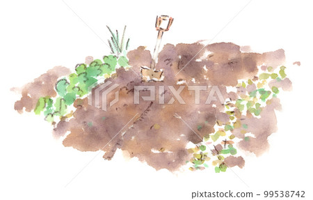 Watercolor sketch illustration of a single shovel in the field Watercolor sketch illustration of a single shovel in the field 99538742