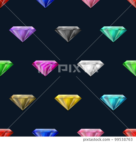 Vector Seamless Pattern with Multi Colored 3d Realistic Transparent Triangle Glowing Gemstones, Diamonds, Crystals, Rhinestones Closeup on Black Background. Jewerly Concept. Design Template 99538763