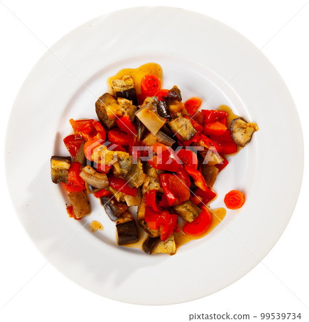Ragout of baked aubergine, carrot, tomato, bell pepper and pork bacon 99539734