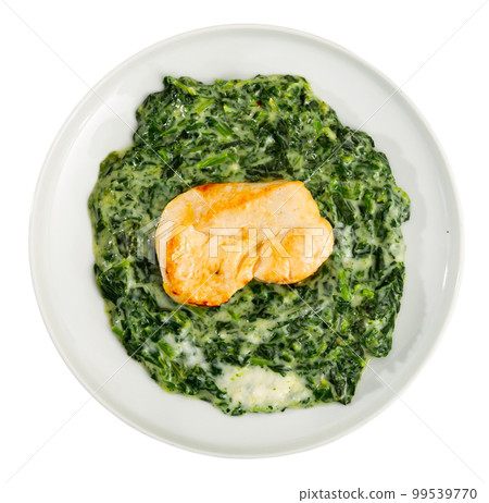 Chicken breast with spinach in bechamel sauce close up Chicken breast with spinach in bechamel sauce close up 99539770