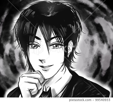 A black and white cartoon illustration of a host-like frivolous man in the early 2000s plotting something. 99540933