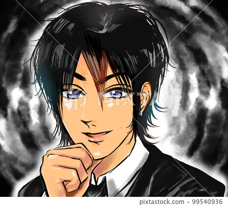 一幅彩色卡通插圖,描繪了 2000 年代早期主持人風格的坦誠男人密謀的事情 一幅彩色卡通插圖,描繪了 2000 年代早期主持人風格的坦誠男人密謀的事情 99540936