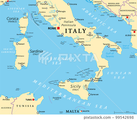 Southern Italy, known as Meridione or Mezzogiorno, political map. Macroregion of Italy consisting of its southern regions Abruzzo, Apulia, Basilicata, Calabria, Campania, Molise, Sardinia, and Sicily. 99542698