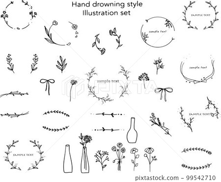 可作為標題的手繪可愛單色植物花框插畫套裝素材 99542710