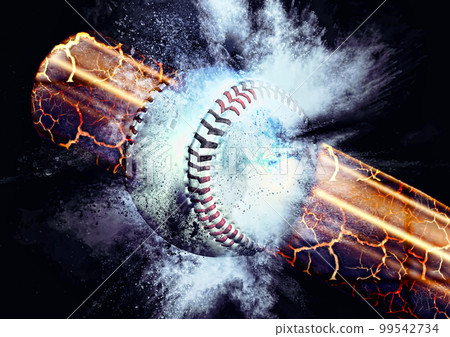 3d illustration of colliding baseball ball and bat composite with explosion effect 99542734
