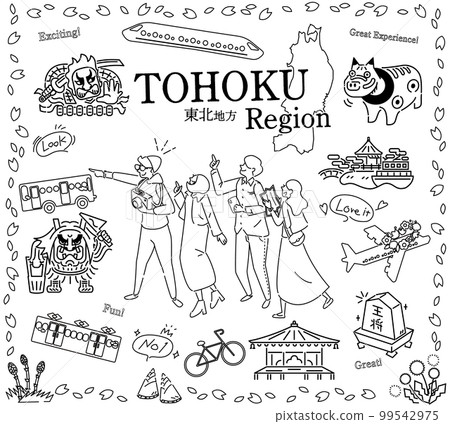 遊客在日本東北地區享受春天的觀光,一組圖標(黑白線描) 遊客在日本東北地區享受春天的觀光,一組圖標(黑白線描) 99542975