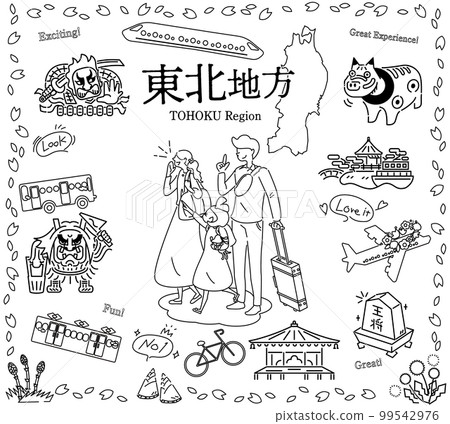 在日本東北地區享受春天觀光的一家三口,一組圖標(黑白線描) 在日本東北地區享受春天觀光的一家三口,一組圖標(黑白線描) 99542976