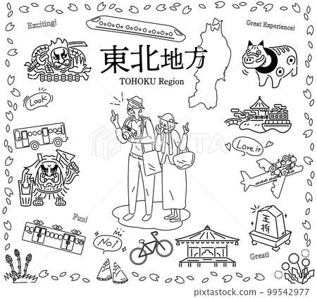 在日本東北地區享受春天觀光的老年夫婦，圖標集（黑白線描） 99542977