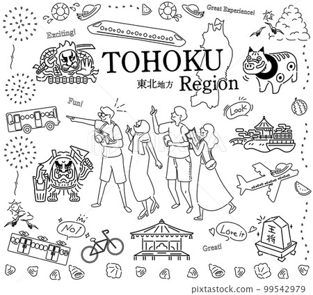 Tourists enjoying sightseeing in summer in the Tohoku region of Japan, a set of icons (line drawing black and white) 99542979