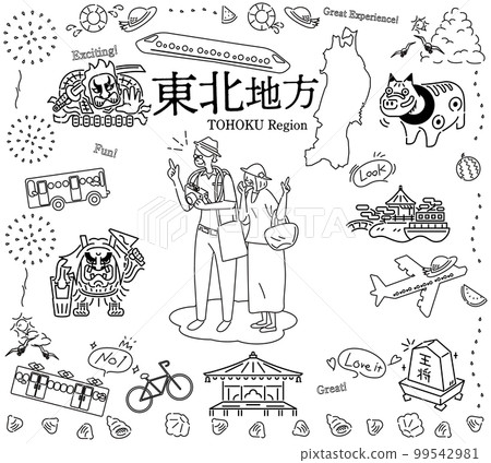 A senior couple enjoying sightseeing in summer in the Tohoku region of Japan, a set of icons (line drawing black and white) 99542981