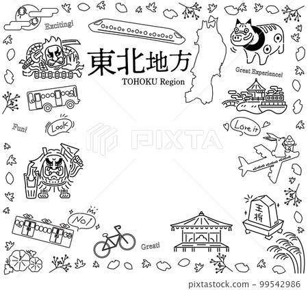 A set of autumn attractions sightseeing icons in the Tohoku region of Japan (line drawing black and white) A set of autumn attractions sightseeing icons in the Tohoku region of Japan (line drawing black and white) 99542986