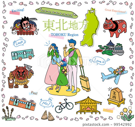 A family of three who enjoy sightseeing in spring in the Tohoku region of Japan, a set of icons (line drawing) A family of three who enjoy sightseeing in spring in the Tohoku region of Japan, a set of icons (line drawing) 99542992