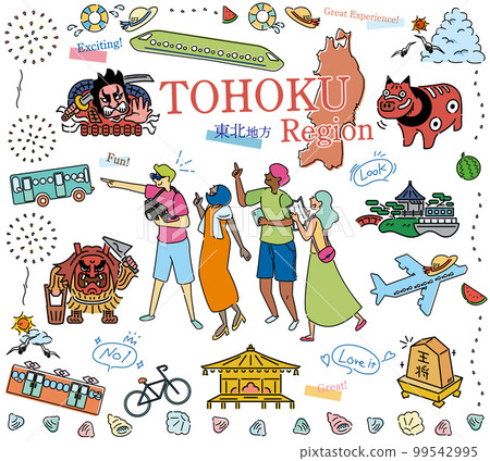 Tourists enjoying sightseeing in summer in the Tohoku region of Japan, set of icons (line drawing) 99542995