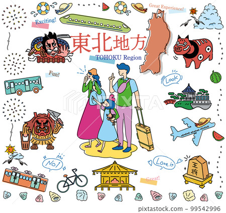 A family of three who enjoy sightseeing in summer in the Tohoku region of Japan, a set of icons (line drawing) 99542996
