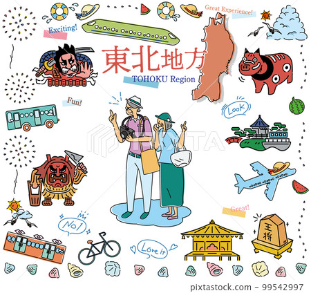 老年夫婦在日本東北地區享受夏季觀光，圖標集（畫線） 99542997