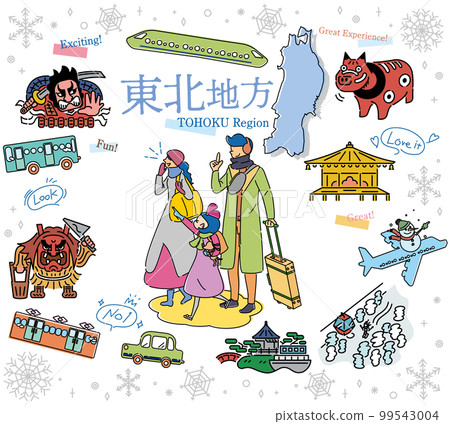在日本東北地區享受冬季觀光的一家三口,一組圖標(畫線) 在日本東北地區享受冬季觀光的一家三口,一組圖標(畫線) 99543004
