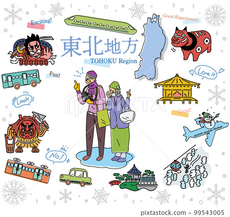 一對老年夫婦在日本東北地區享受冬季觀光，一組圖標（線條畫） 99543005