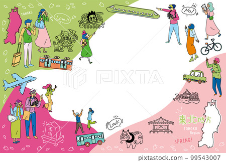 Tourists enjoying spring sightseeing in the Tohoku region of Japan, set of icons (line drawing) 99543007