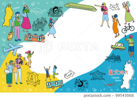 Tourists enjoying sightseeing in summer in the Tohoku region of Japan, set of icons (line drawing) 99543008