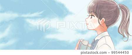 一個女孩讀書的插圖橫幅和初夏的藍天 99544450