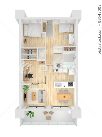 A bird's-eye view of the floor plan of the apartment from the front 99545005