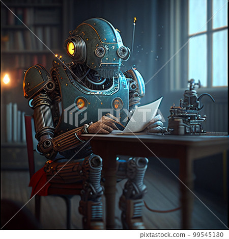 生成式人工智能。審查文件的機器人。人工智能取代人類工作。未來概念 99545180