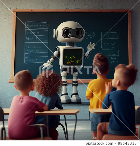 給小學生上課的教師機器人。人工智能取代人類工作。未來的概念。人工智能生成圖像 99545315