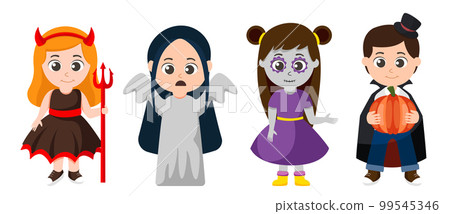 Halloween character vector set. Kids cartoon wearing Halloween costumes 99545346
