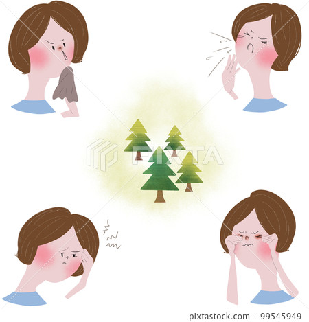 Five illustrations showing the symptoms of nose and eyes, which are allergic symptoms of hay fever, with a young woman and cedar and cypress pollen scattering 99545949