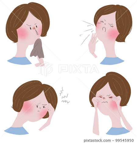 Four illustrations showing the symptoms of nose and eyes, which are allergic symptoms of hay fever, with young women 99545950
