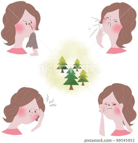 Five illustrations showing the symptoms of nose and eyes, which are allergic symptoms of hay fever, with a young woman and cedar and cypress pollen scattering Five illustrations showing the symptoms of nose and eyes, which are allergic symptoms of hay fever, with a young woman and cedar and cypress pollen scattering 99545951