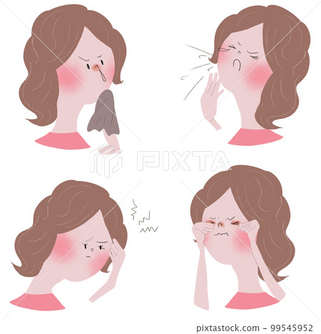 Four illustrations showing the symptoms of nose and eyes, which are allergic symptoms of hay fever, with young women Four illustrations showing the symptoms of nose and eyes, which are allergic symptoms of hay fever, with young women 99545952
