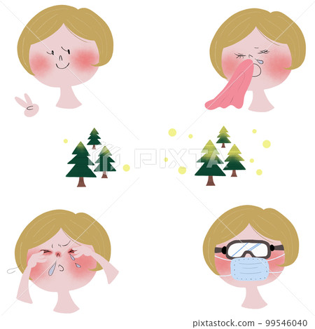插圖顯示花粉症過敏症狀的四個階段與一名年輕婦女和雪松和柏樹花粉散佈 插圖顯示花粉症過敏症狀的四個階段與一名年輕婦女和雪松和柏樹花粉散佈 99546040