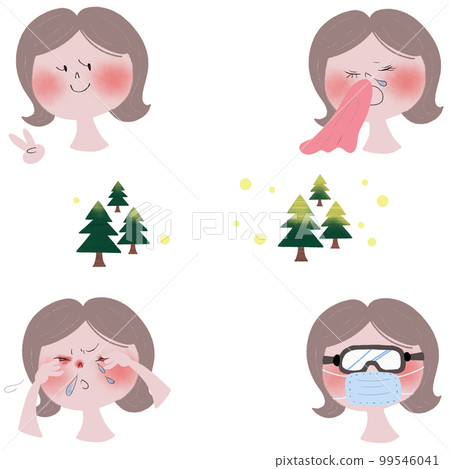 插圖顯示花粉症過敏症狀的四個階段與一名年輕婦女和雪松和柏樹花粉散佈 插圖顯示花粉症過敏症狀的四個階段與一名年輕婦女和雪松和柏樹花粉散佈 99546041