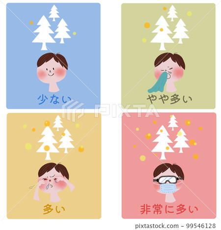 Illustration showing the four stages of allergic symptoms of hay fever with a young man and cedar and cypress pollen scattering Illustration showing the four stages of allergic symptoms of hay fever with a young man and cedar and cypress pollen scattering 99546128