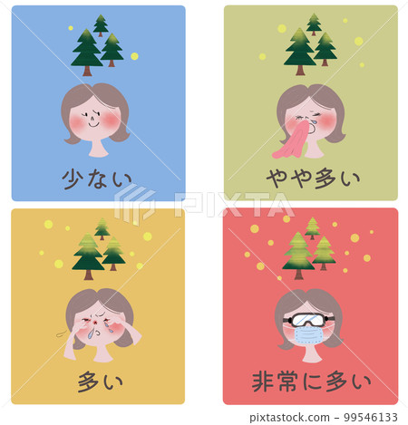 Illustration showing the four stages of allergic symptoms of hay fever with a young woman and cedar and cypress pollen scattering 99546133