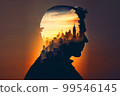 Silhouette of Successful businessman in the office wearing suit looking to city skyline thinking. 99546145