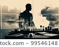 Silhouette of Successful businessman in the office wearing suit looking to city skyline thinking 99546148