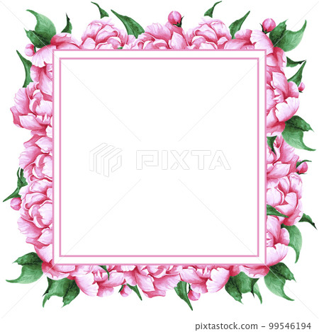 Handdrawn Watercolor pink peony flowers, leaves and buds composition with round frame boarder on the white background. Scrapbook design, wedding card and invitation design, label, banner, post card. Handdrawn Watercolor pink peony flowers, leaves and buds composition with round frame boarder on the white background. Scrapbook design, wedding card and invitation design, label, banner, post card. 99546194